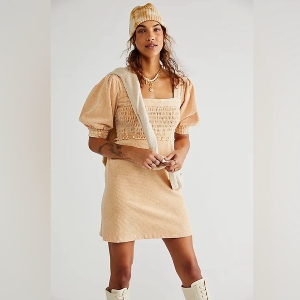 Free People Moon Flower Mini Dress Corduroy Pale Yellow Orange Puff Sleeve